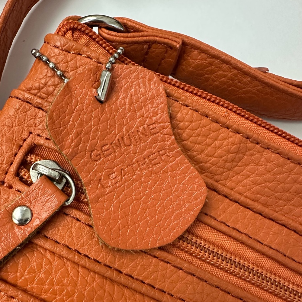 Genuine Leather Multi-Zip Organizer Burnt Orange Crossbody Bag - Picture 3 of 7